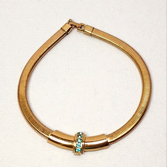 Vintage Coro Gold Chocker with Blue Rhinestone Accents - Picture 2 of 13